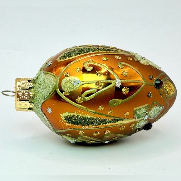 Vintage Glass Ornate Peach Oval Hand Painted Golden Christmas Ornament - Picture 6 of 6